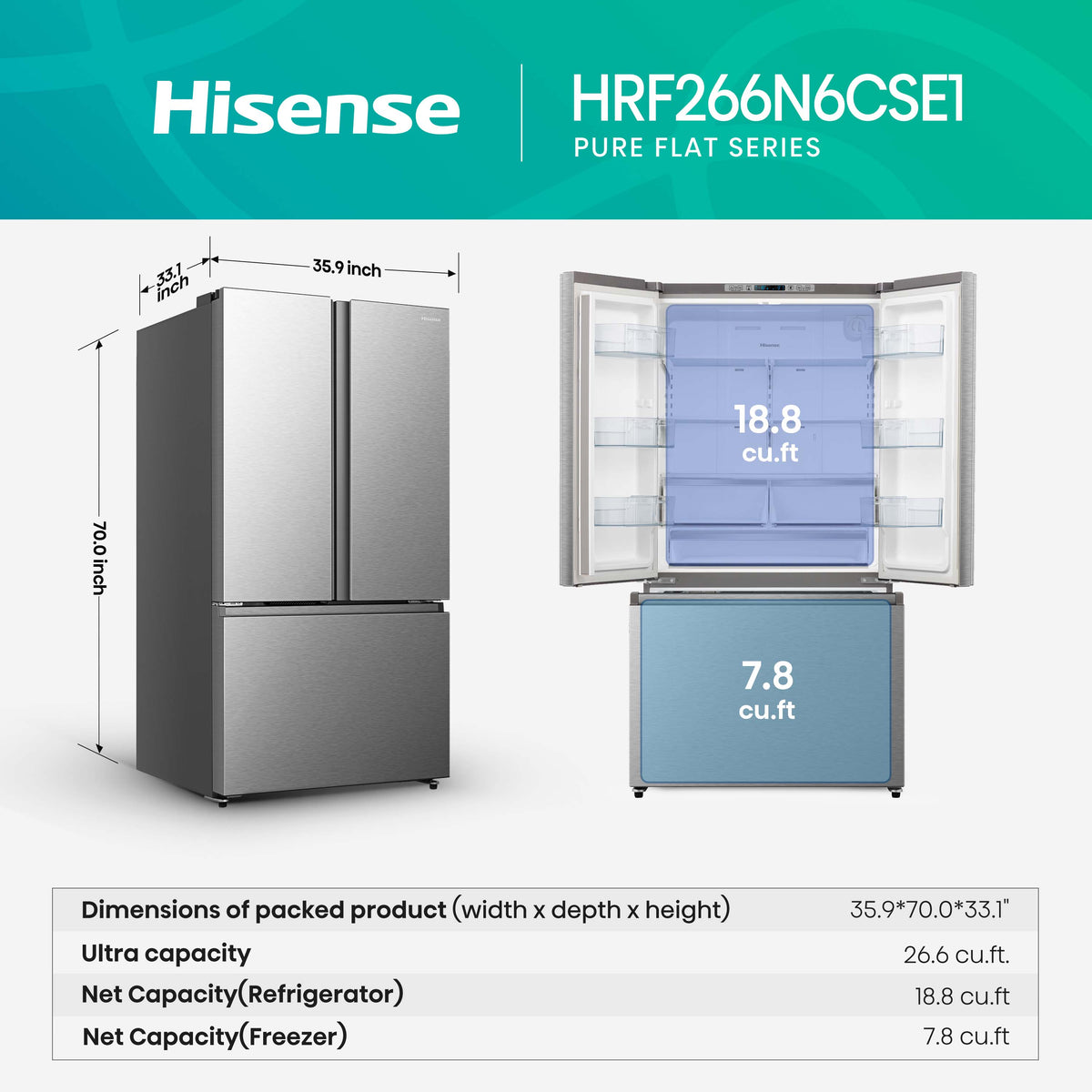 Hisense HRF266N6CSE1 91.4cm French Door Refrigerator